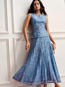 BELROSIE Elegant Intellectual Sleeveless Lace Top And Pleated Skirt 2 Pieces Set For Women Party Navy Blue Summer - Blue - View 6
