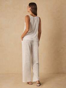 HautHeat Women's Solid Color Tank Top & Long Pants Loungewear Set - White - View 2