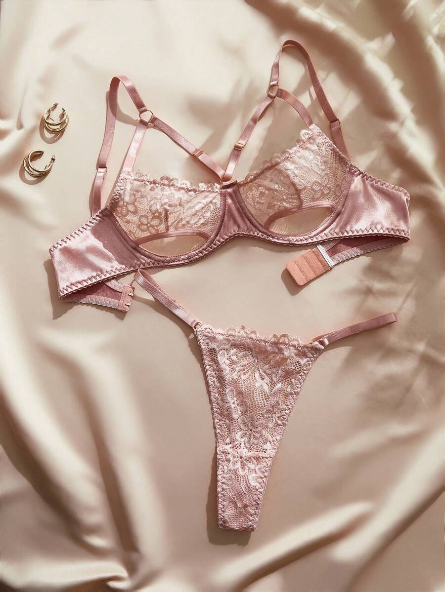 Charlaine French-Style Romantic, Sexy, Cute, And Elegant Lace Light Pink Bra With Underwire, Low-Rise Sexy Underwear, Perfect For Weddings, Fitness, And Autumn. - Pink - View 1