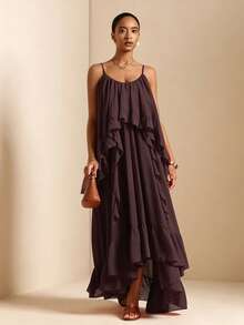Vesra Gaun Camisole Longgar Wanita Warna Polos dengan Ruffle dan Hem Asimetris - Coklat - View 4