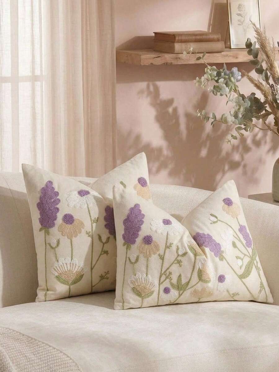 Cirelle 1/2pcs Vintage Embroidered Floral Throw Pillow Cover - Cream Cushion Case With Purple Lavender And Daisy Flower Embroidery, Country Farmhouse Decorative Pillowcase For Couch Sofa Bed (No Insert) - Mauve Purple - View 1
