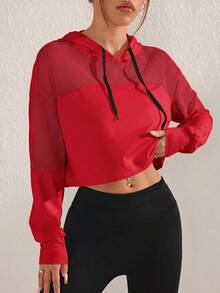 SHEIN Sovereign Charm 女款極簡短版長袖連帽運動運動衫時尚款 - 紅色 - 查看 6