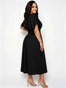 Poshavie Poshavie Plus-Size Women's Casual Slimming Dress, Stretchy Waist-Cinching Design, Suitable For Everyday Wear. - Black - View 3