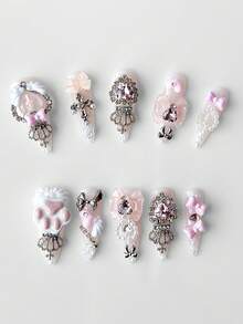 ROMWE Kawaii 10 Pcs Pink Rhinestone Bow Manicure + 3 Pieces Of Double-Sided Tape, Reusable Long Almond-Shaped False Nails, Suitable For Daily Wear. - rhinestone - View 3