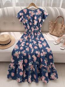 GlowEve Women's Summer Casual Floral Print Denim Dress - Dark Wash - View 2