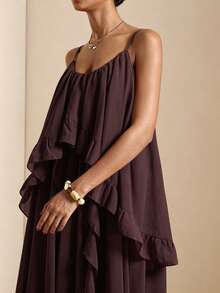 Vesra Gaun Camisole Longgar Wanita Warna Polos dengan Ruffle dan Hem Asimetris - Coklat - View 6