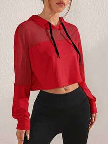SHEIN Sovereign Charm 女款極簡短版長袖連帽運動運動衫時尚款 - 紅色 - 查看 5