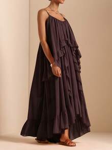 Vesra Gaun Camisole Longgar Wanita Warna Polos dengan Ruffle dan Hem Asimetris - Coklat - View 1