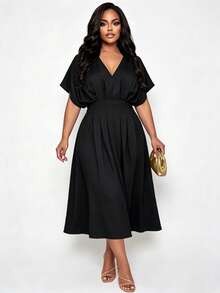 Poshavie Poshavie Plus-Size Women's Casual Slimming Dress, Stretchy Waist-Cinching Design, Suitable For Everyday Wear. - Black - View 5