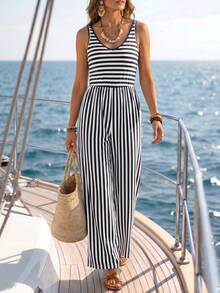 Balvessa Jumpsuit Wanita Gaya Liburan Pulau Bahari Musim Semi/Panas Desain Santai Vintage Kasual Bergaris Gaya Klasik - MultiWarna - View 7