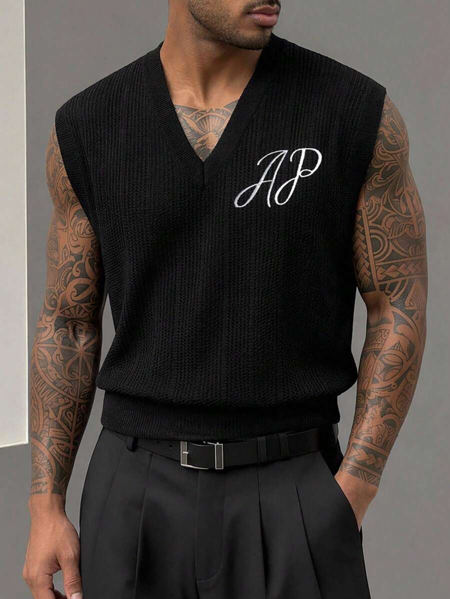AXEPEAK Men's Letter Embroidered V-Neck Casual Knit Vest - Black - View 1