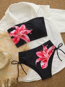 Swim Vcay 女士两件套热带碎花抹胸露脐上衣和高腰短裤比基尼套装，休闲沙滩派对比基尼 - 彩色 - 查看 6