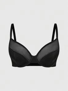 SHAPORA Sujetador con aros de malla patchwork para mujer talla grande con relleno, efecto push-up y elevador, efecto reductor para busto grande, 1 pieza - Negro - Ver 1