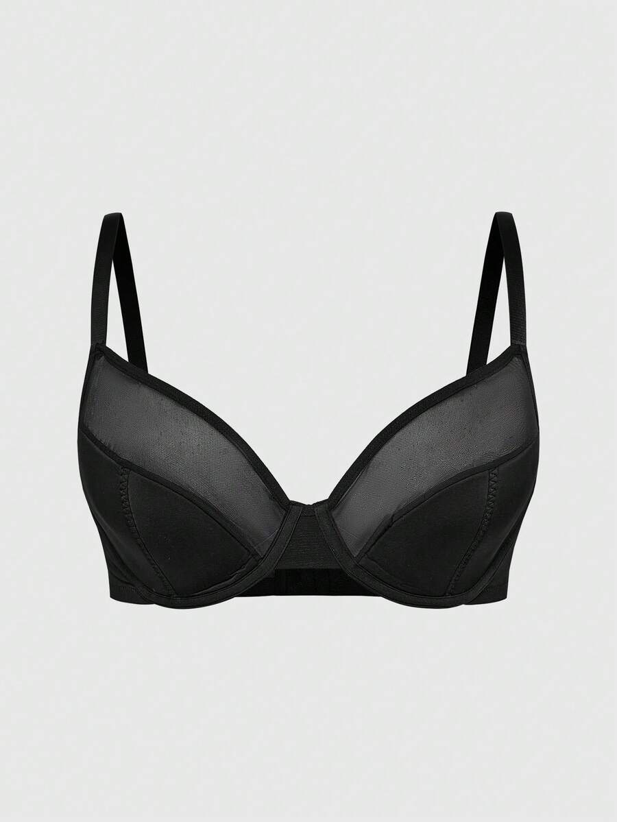 SHAPORA Sujetador con aros de malla patchwork para mujer talla grande con relleno, efecto push-up y elevador, efecto reductor para busto grande, 1 pieza - Negro - Ver 1
