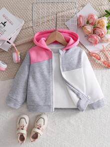 SHEIN Elladie kids 女童休閒運動灰色+桃粉色+奶油白三色幾何拼接對比夾克，胸前精緻小印花，適合日常穿著；可搭配運動束口褲、牛仔褲、百褶裙，適用校園日常、休閒出遊、居家社交、家庭聚會、短途旅行 - 彩色 - 查看 1