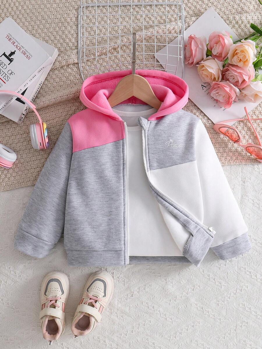 SHEIN Elladie kids 女童休閒運動灰色+桃粉色+奶油白三色幾何拼接對比夾克,胸前精緻小印花,適合日常穿著;可搭配運動束口褲、牛仔褲、百褶裙,適用校園日常、休閒出遊、居家社交、家庭聚會、短途旅行 - 彩色 - 查看 1