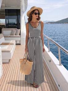Balvessa Jumpsuit Wanita Gaya Liburan Pulau Bahari Musim Semi/Panas Desain Santai Vintage Kasual Bergaris Gaya Klasik - MultiWarna - View 4