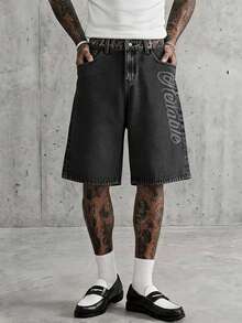 AXEPEAK Men's Casual Versatile Denim Shorts With Pocket, Button And Letter Pattern For Daily Wear - Blue - View 3