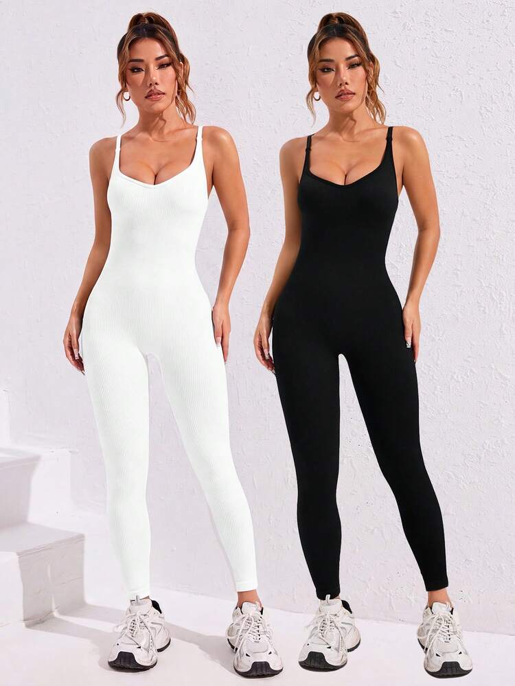 Dewbera Dewbera 2pcs Women's Sports One-Piece Jumpsuit, U-Neck, Open Back, Adjustable Straps, Solid Color, Ribbed, Tight Fit, Seamless, Running, Yoga, Fitness, Workout, Butt-Lifting, Long Pants - Pearl White - View 5