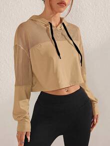 SHEIN Sovereign Charm 女款素色長袖抽繩連帽衛衣 - 卡其色 - 查看 5