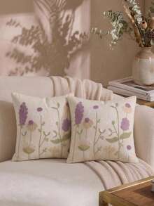 Cirelle 1/2pcs Vintage Embroidered Floral Throw Pillow Cover - Cream Cushion Case With Purple Lavender And Daisy Flower Embroidery, Country Farmhouse Decorative Pillowcase For Couch Sofa Bed (No Insert) - Mauve Purple - View 2