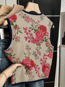 Linhara Plus Size Women's Spring/Autumn Casual Style, Minimalist Versatile Retro Style, Full Floral Random Print Contrast Color Round Neck Single-Breasted Loose Knit Vest, Suitable For Spring/Autumn Wear - Multicolor - View 2