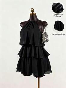 SaltGleam SaltGleam Women's Solid Color French Fashion Multi-Layer Ruffle Hem Halter Neck Tie Strap Dress - Black - View 1