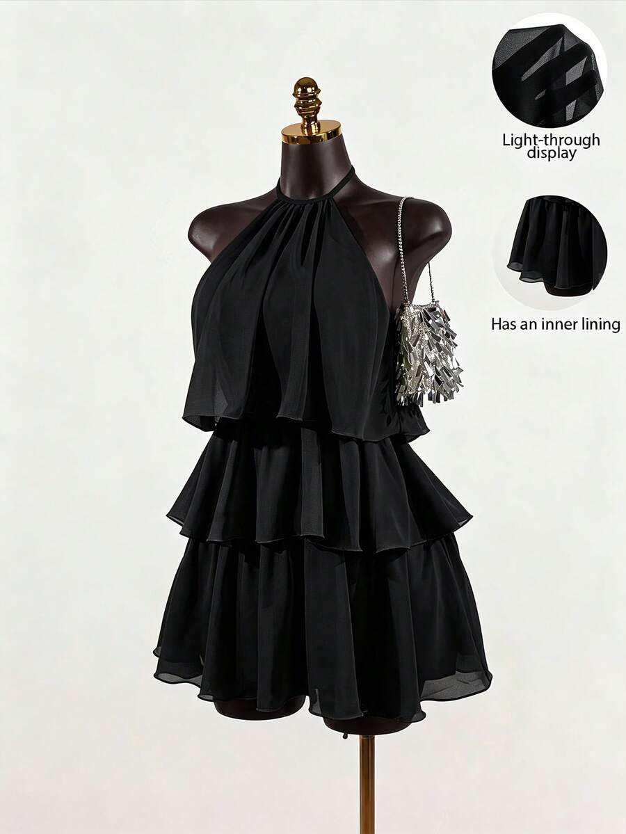 SaltGleam SaltGleam Women's Solid Color French Fashion Multi-Layer Ruffle Hem Halter Neck Tie Strap Dress - Black - View 1