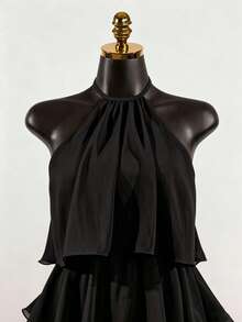 SaltGleam SaltGleam Women's Solid Color French Fashion Multi-Layer Ruffle Hem Halter Neck Tie Strap Dress - Black - View 5
