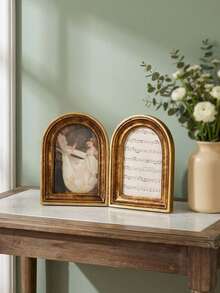 Cirelle 1pc Vintage Double Picture Frame - Folding Arch Photo Frame With Distressed Gold Finish, Retro Resin Art Display Ornaments For Tabletop, Antique French Country Home Decor - gold - View 2
