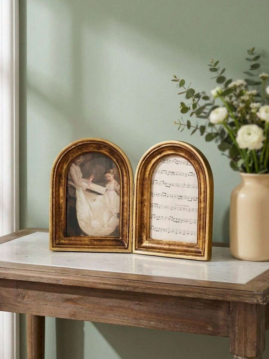 Cirelle 1pc Vintage Double Picture Frame - Folding Arch Photo Frame With Distressed Gold Finish, Retro Resin Art Display Ornaments For Tabletop, Antique French Country Home Decor