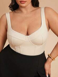 SHEIN BAE Mono de mujer talla grande de unicolor con costuras en espina de pescado y corpiño ajustado - Albaricoque - Ver 6