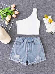 SHEIN Tween Girl Solid Color One Shoulder Tank Top & Distressed Denim Shorts Set - Multicolor - View 1
