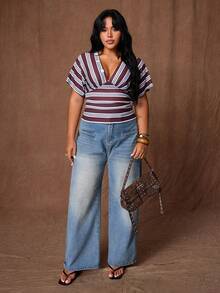 Rustia Plus Size Women's Casual One Shoulder Top With Shell Buttons, Spring/Summer - Brown - View 6