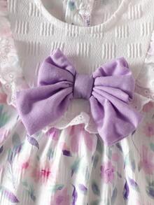 SHEIN Newborn Baby Pink Dress & Bow Headband Set, Cute Princess Style - Purple - View 5