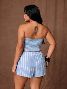 Rustia Plus Size Summer Striped Bandeau Top & Striped Shorts Casual Set - Blue - View 2