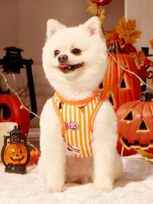 2pcs Pet Cat Dog Universal Halloween Striped Pumpkin Ghost Cartoon Pattern Printed Fashionable, Breathable And Comfortable Dog Vest, PETSIN Original Design - Multicolor - View 9