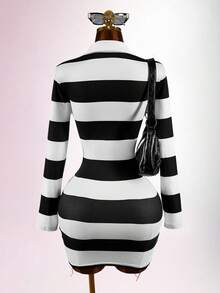 Amplova POLO Collar Pony Logo Split Tie Design Back To School Street Style Women's Mini Vintage Dress - Black and White - View 8