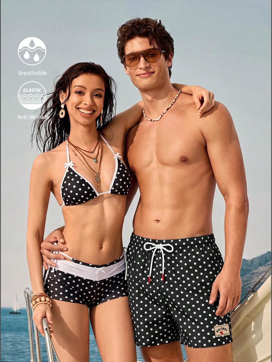 Manfinity VDAYZ 男士度假波點印花抽繩腰海灘短褲 - 黑色 - 查看 1