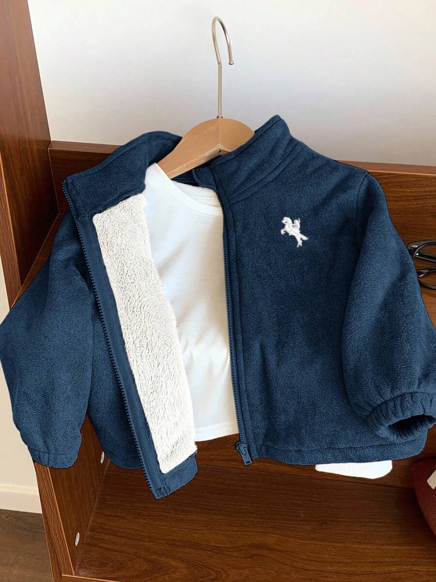 SHEIN 男嬰可愛秋冬麂皮保暖內裡立領夾克,卡其色拉鍊外套,適合室內、戶外、日常、運動、玩耍、派對、拍照、度假、節日、電音派對 - 藏蓝色 - 查看 1