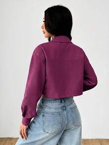 SHEIN PETITE Spring Outfits Drop Shoulder Flap Detail Crop Corduroy Black Jacket In Fall/Winter - Purple - View 3