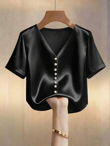SHEIN 纯色V领缎面珍珠纽扣修身优雅短袖女式衬衫 - 黑色 - 查看 5