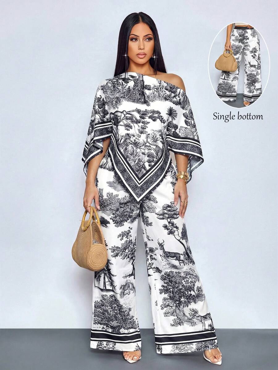 SOLERSUN Long Wide Leg White And Black Plants Pattern Boho Elegant Fabric Pants Vacation Autumn