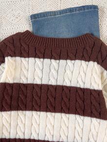 SHEIN Tween Girls Striped Colorblock Cable Knit V-Neck Lantern Sleeve Oversized Pullover Sweater, Suitable For Autumn/Winter, Suitable For Outings - Khaki - View 8