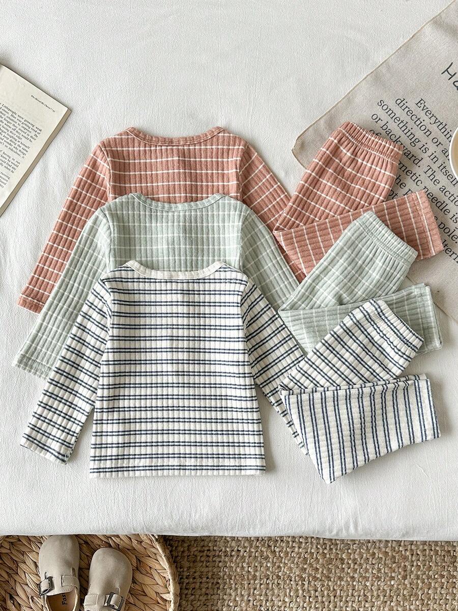 SHEIN Vintaside Kids 3件組女嬰可愛粉色秋季羅紋針織豹紋貓臉圖案上衣與長褲套裝 - 彩色 - 查看 1