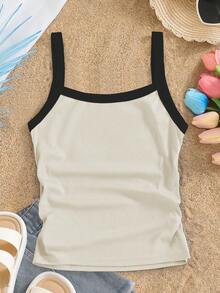 SHEIN 青少年女孩夏季休閒百搭對比飾邊細肩帶背心上衣 - 杏色 - 查看 2