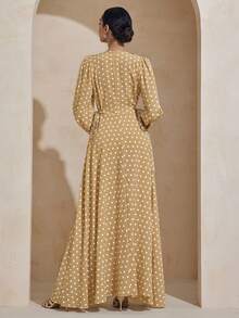 Graceveil Waist-Cinched Tie-Up Polka Dot 3D Floral Decor Elastic Sleeve Full Skirt Arabian Dress - Camel - View 2