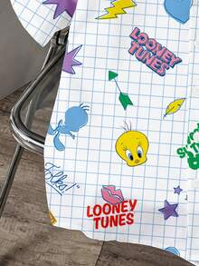 LOONEY TUNES X SHEIN Manfinity Joysei 男士格紋愛心圖案短袖單排扣休閒襯衫 - 藍色 - 查看 4