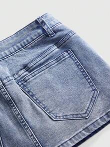ROMWE Grunge Punk Punk Cavalry Button Design Ultra Low Waist Mini Bodycon Denim Skirt - Blue - View 5