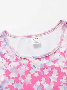 SHEIN 女童針織星星圖案粉色長袖連身衣，修身設計防止走光，適合運動、體操與舞蹈比賽，四季皆宜 - 粉色 - 查看 7